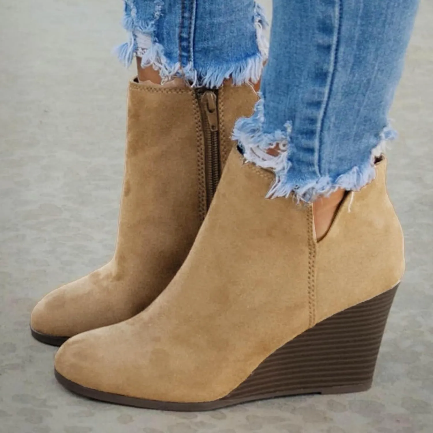 Ankle Boots for Women, Non-Slip Thick Heel Round Toe Wedding Boots Wedge Booties Fashion Suede Side Zipper Ankle Boots