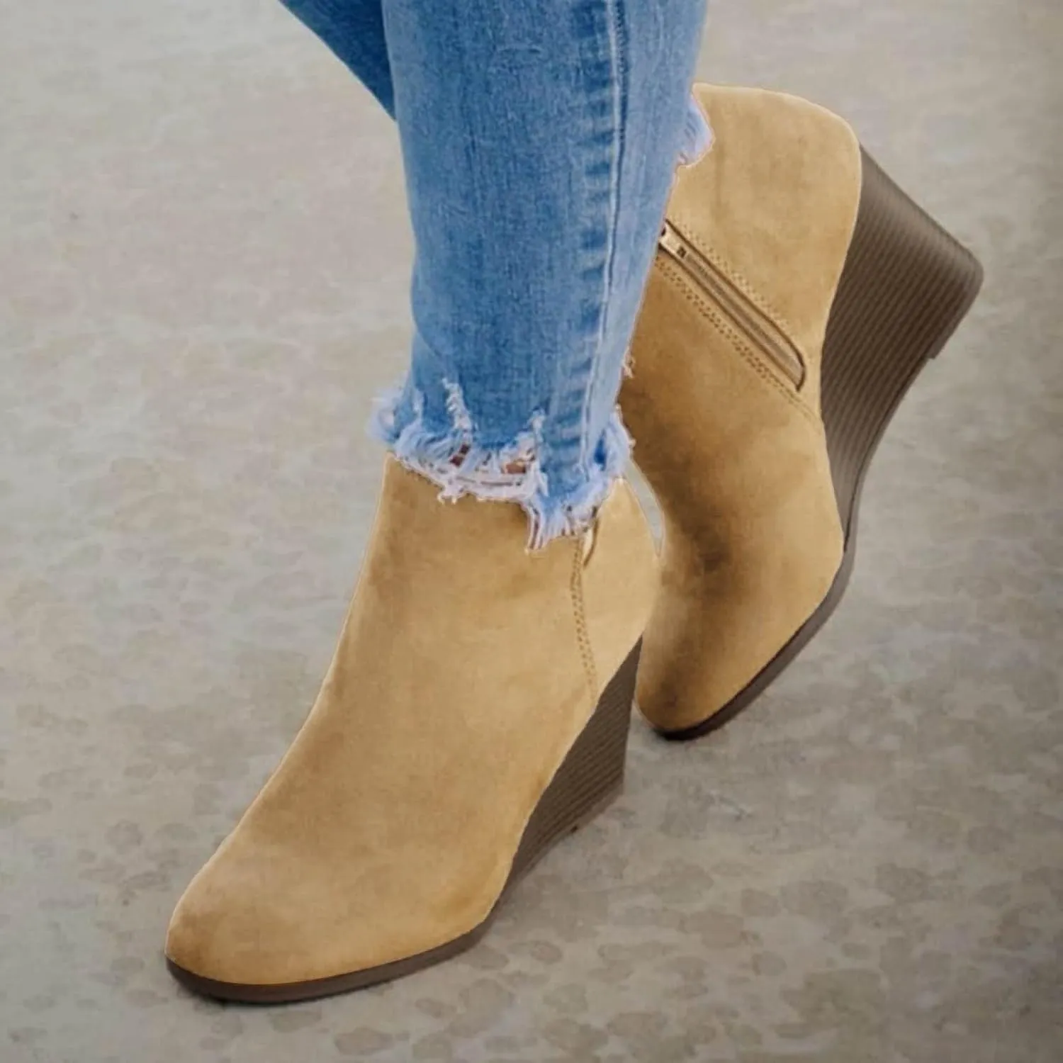 Ankle Boots for Women, Non-Slip Thick Heel Round Toe Wedding Boots Wedge Booties Fashion Suede Side Zipper Ankle Boots