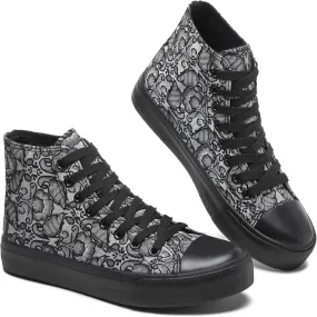 BENPAO Women's High Top Canvas Sneakers, Floral Embroidered Fashion Tennis Shoes - White Breathable Casual Walking Shoes