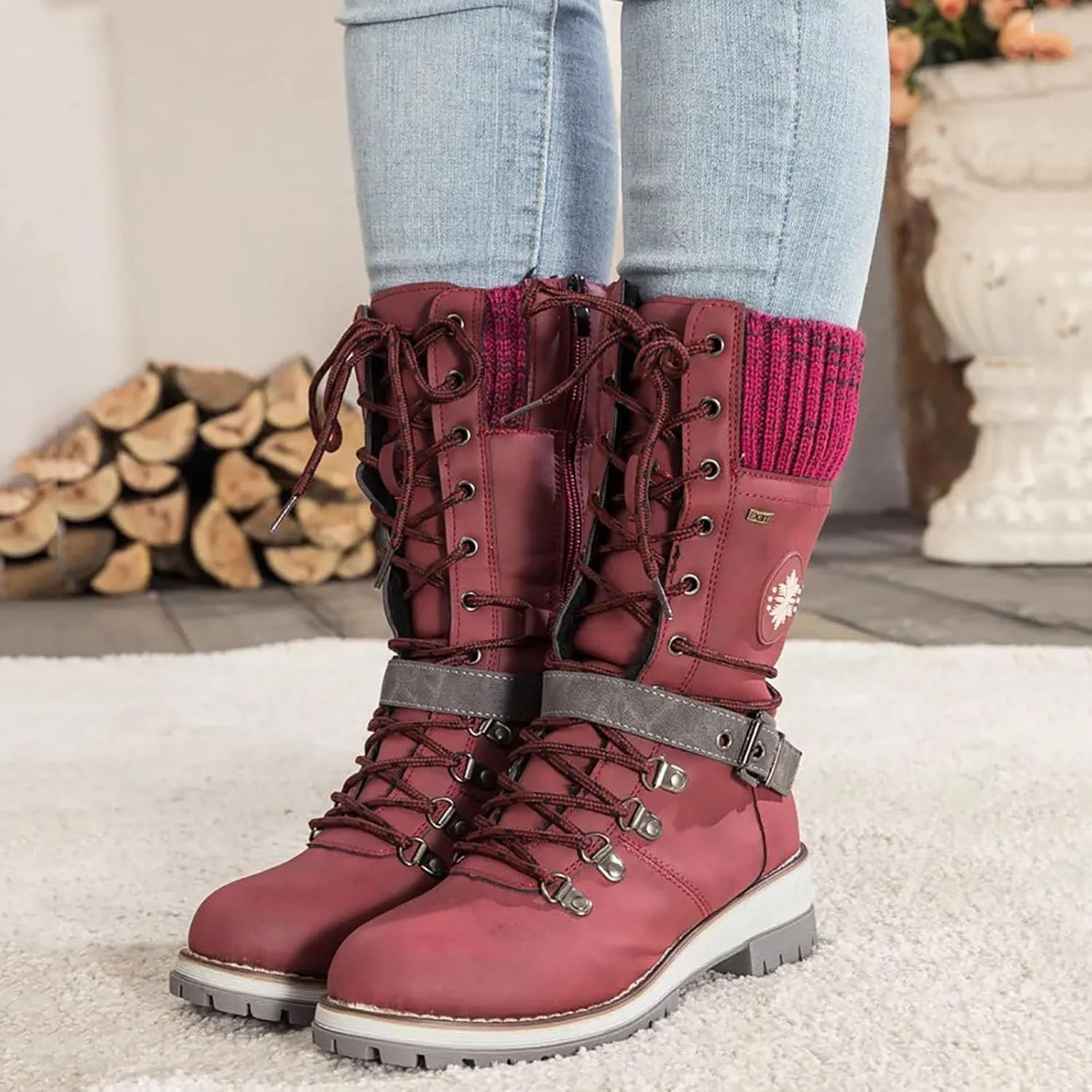 Boots for Women Low Heel Mid Calf Dress Lace Up Boots Biker Motorcycle Riding Boots with Zipper Fall Boots 2024