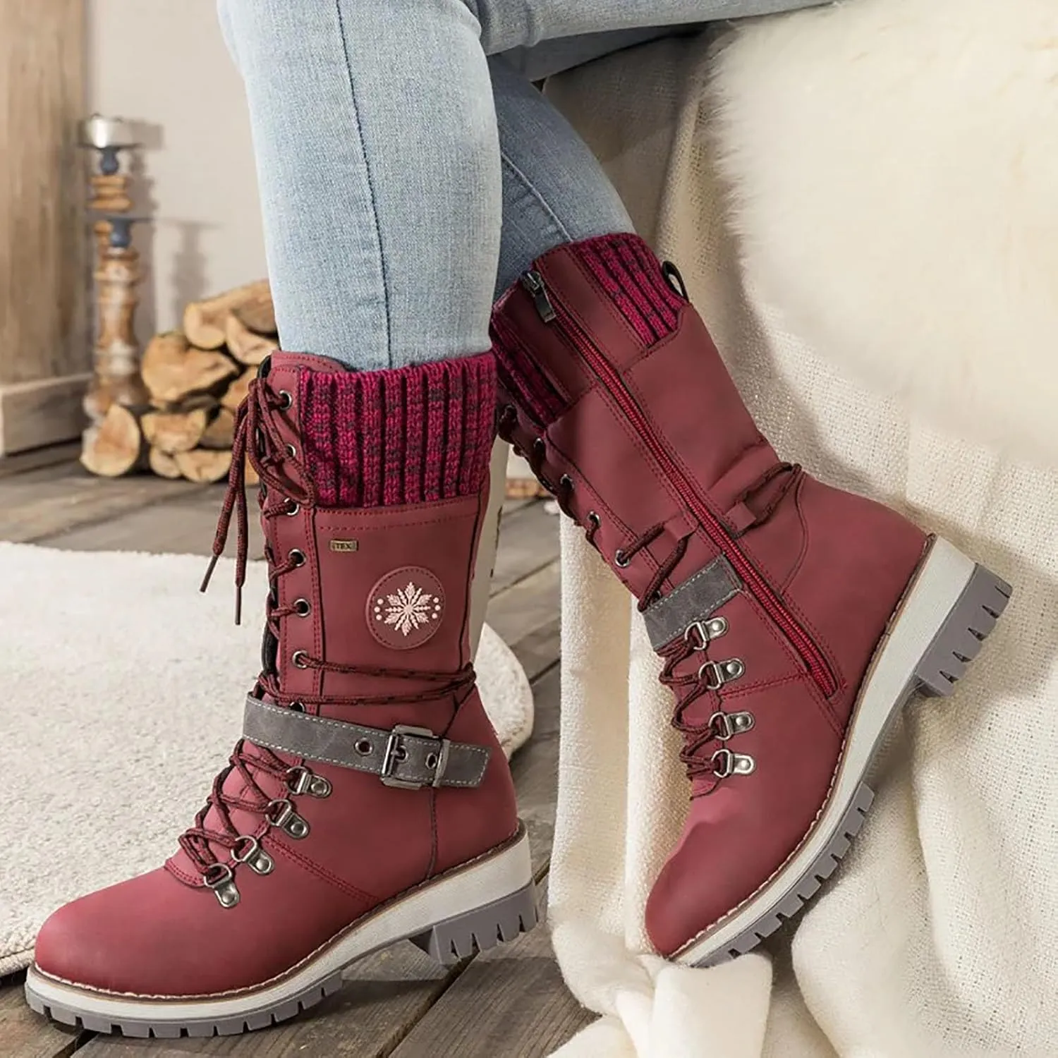 Boots for Women Low Heel Mid Calf Dress Lace Up Boots Biker Motorcycle Riding Boots with Zipper Fall Boots 2024