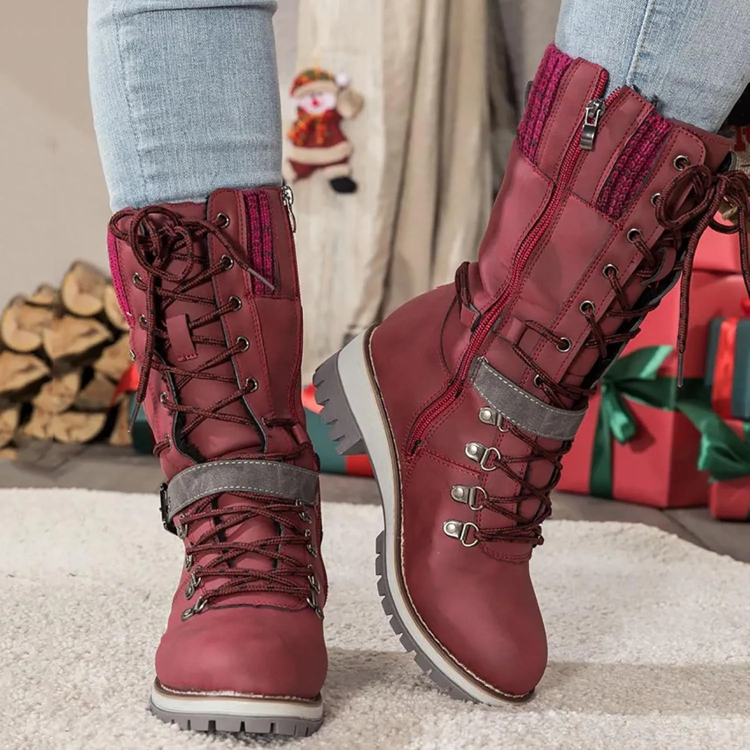 Boots for Women Low Heel Mid Calf Dress Lace Up Boots Biker Motorcycle Riding Boots with Zipper Fall Boots 2024