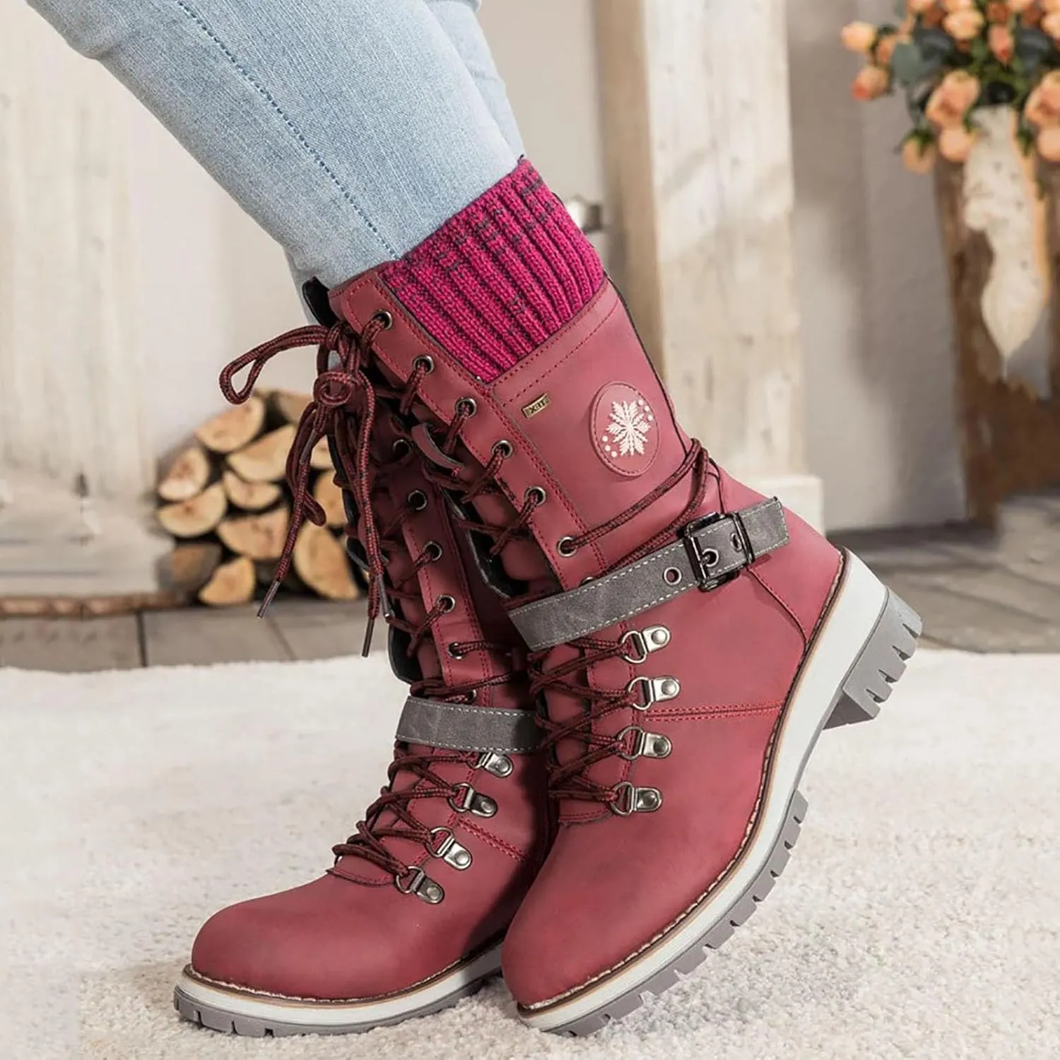 Boots for Women Low Heel Mid Calf Dress Lace Up Boots Biker Motorcycle Riding Boots with Zipper Fall Boots 2024