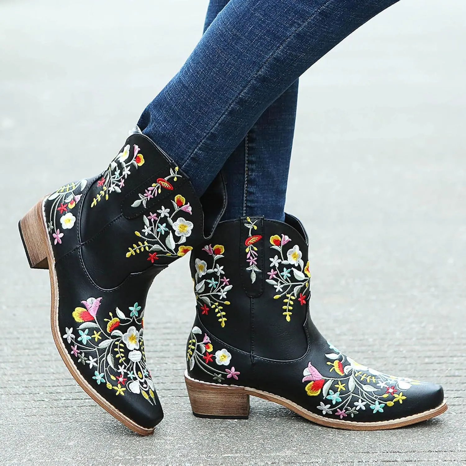 Cathalem Booties for Women 2024 Ankle Cowgirl Boots Square Toe Western Boots Chunky Heel Pull On Short Boots