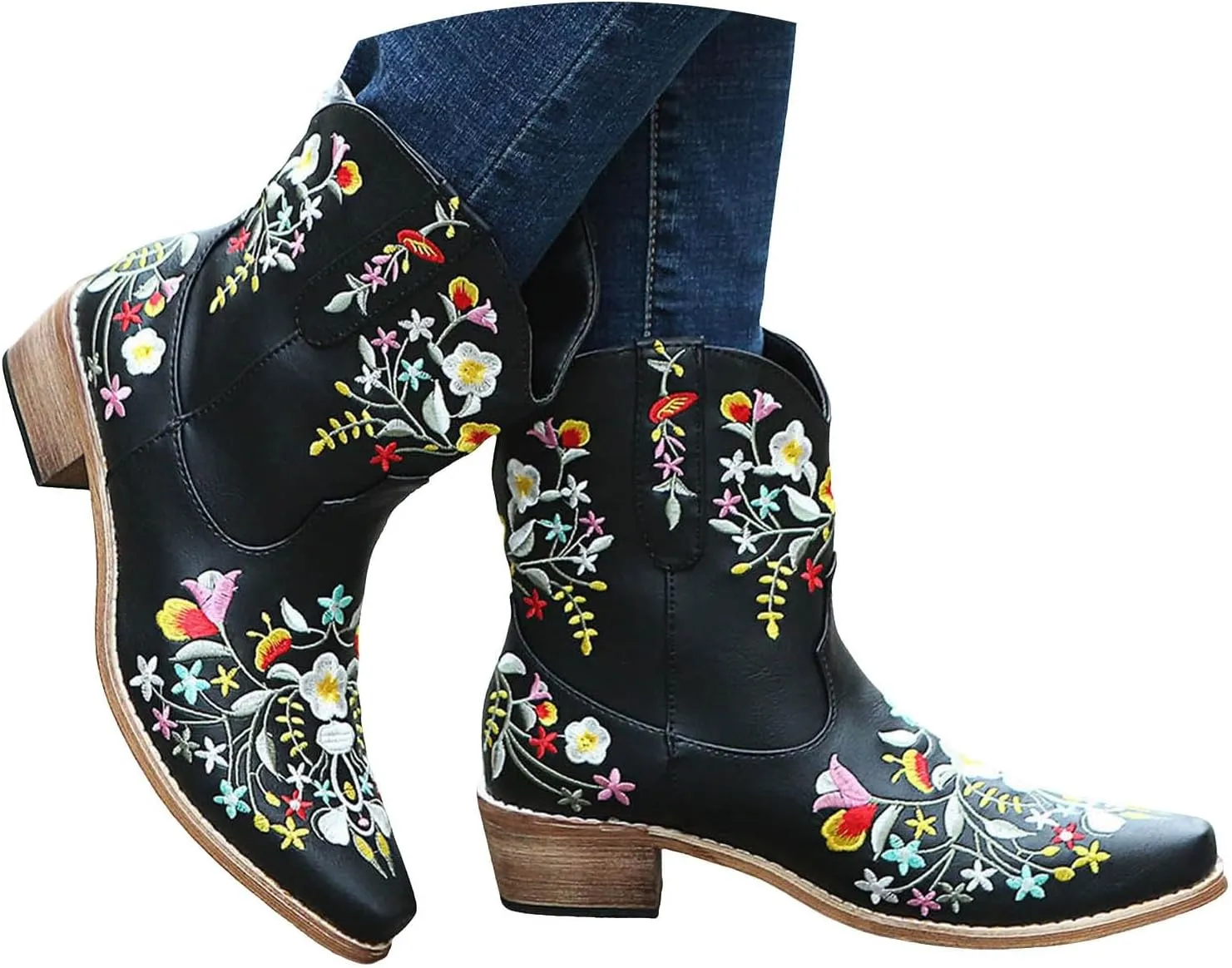 Cathalem Booties for Women 2024 Ankle Cowgirl Boots Square Toe Western Boots Chunky Heel Pull On Short Boots