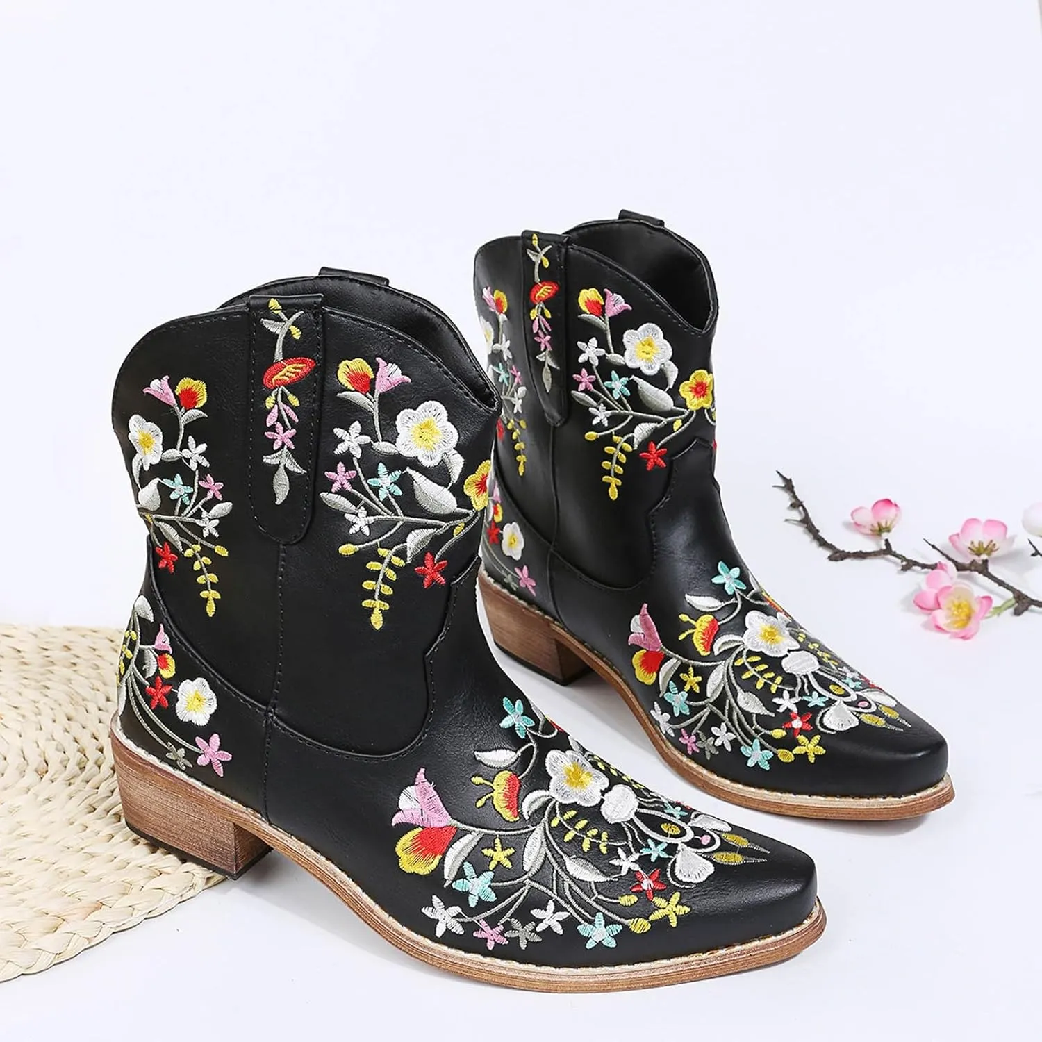 Cathalem Booties for Women 2024 Ankle Cowgirl Boots Square Toe Western Boots Chunky Heel Pull On Short Boots