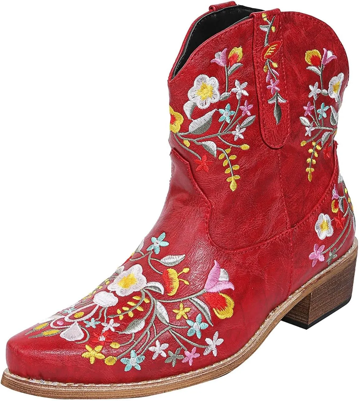 Cathalem Boots for Women, Women Flower Embroidered Ankle Cowgirl Boots Square Toe Western Boots Chunky Heel Pull On Boots