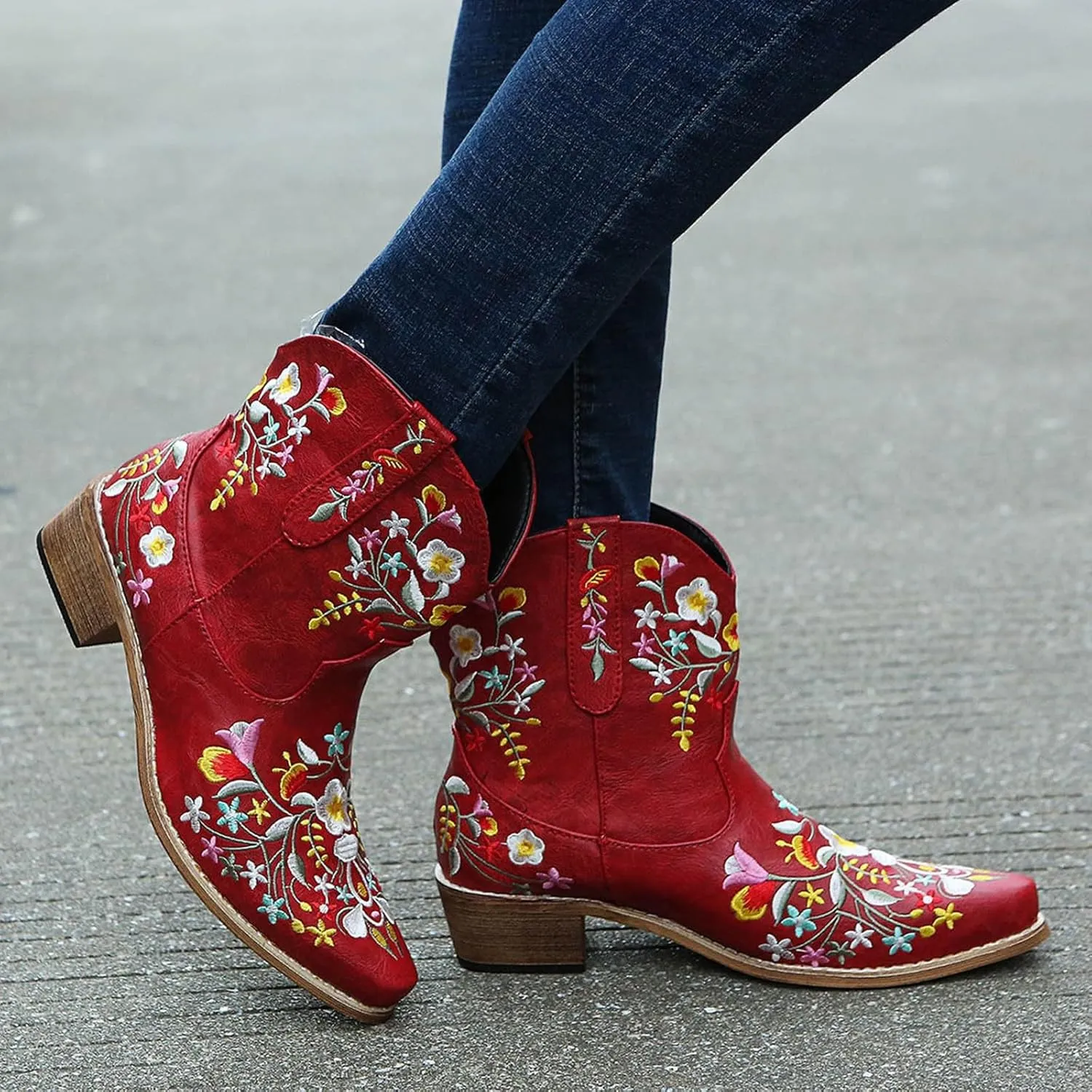Cathalem Boots for Women, Women Flower Embroidered Ankle Cowgirl Boots Square Toe Western Boots Chunky Heel Pull On Boots