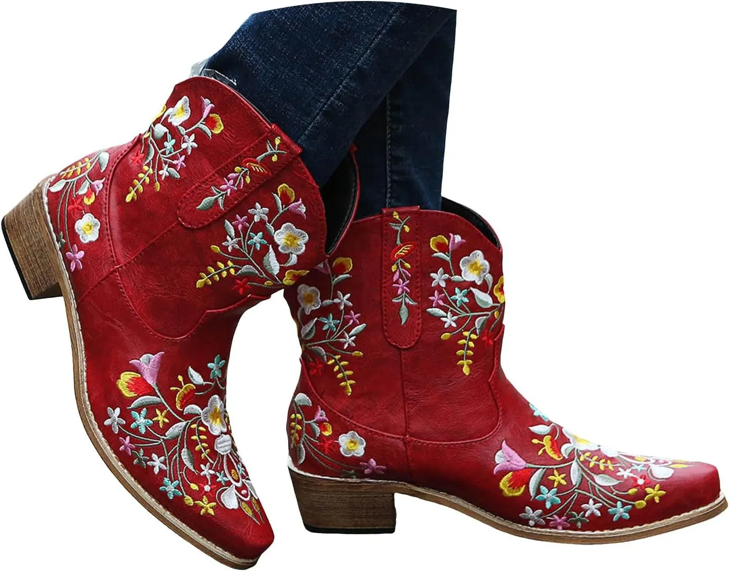 Cathalem Boots for Women, Women Flower Embroidered Ankle Cowgirl Boots Square Toe Western Boots Chunky Heel Pull On Boots