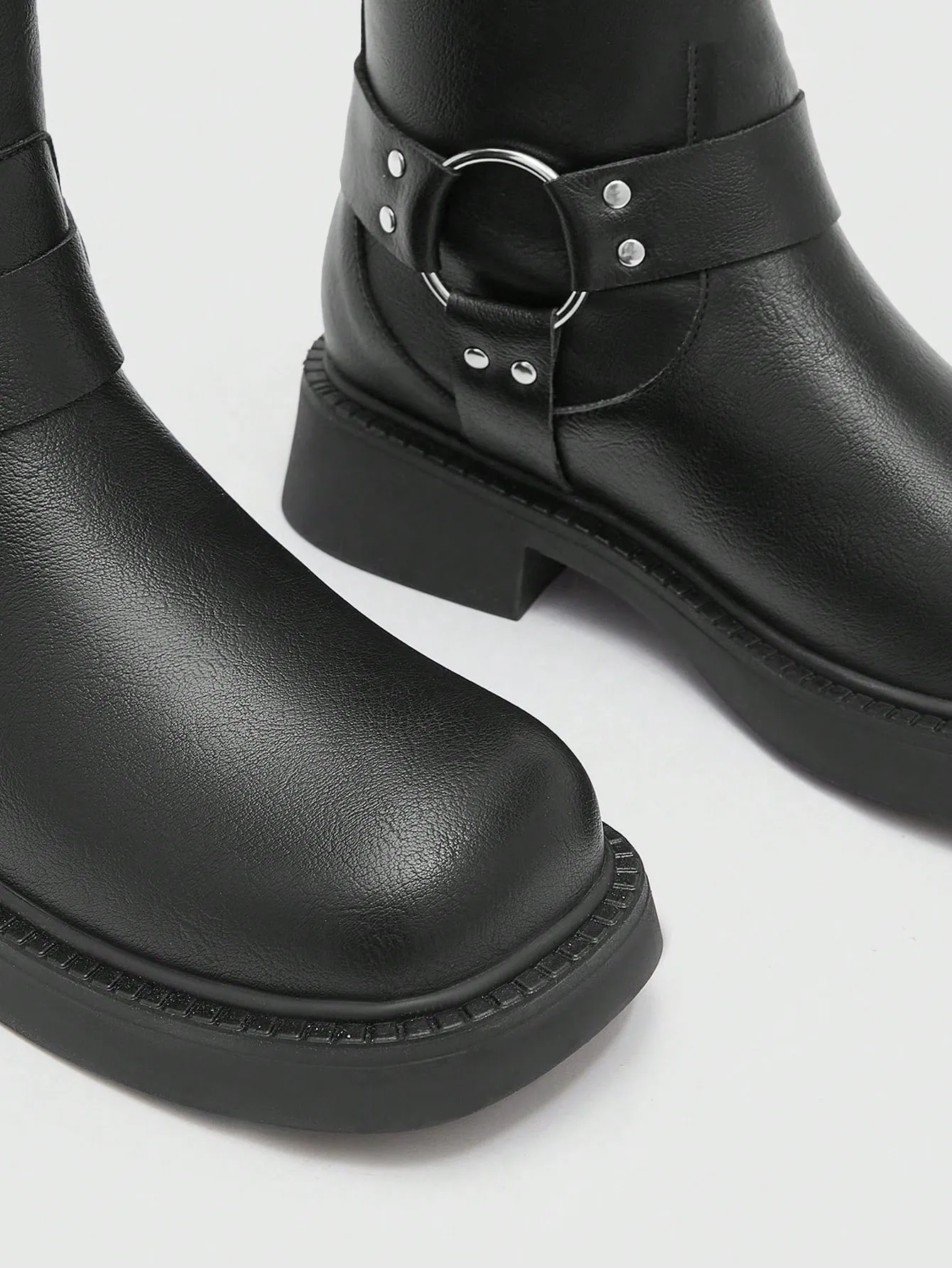 CUCCOO BIZCHIC Women's Buckle Decorated Round Toe Fashion PU Leather Black Combat Boots For Outdoor Wear For Summer Vacation Shoes Summer Sale