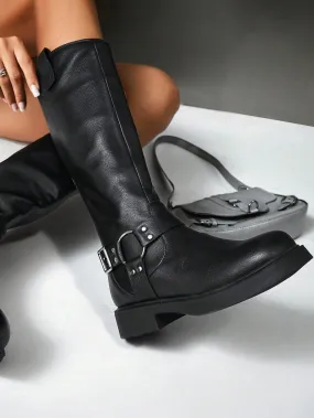 CUCCOO BIZCHIC Women's Buckle Decorated Round Toe Fashion PU Leather Black Combat Boots For Outdoor Wear For Summer Vacation Shoes Summer Sale