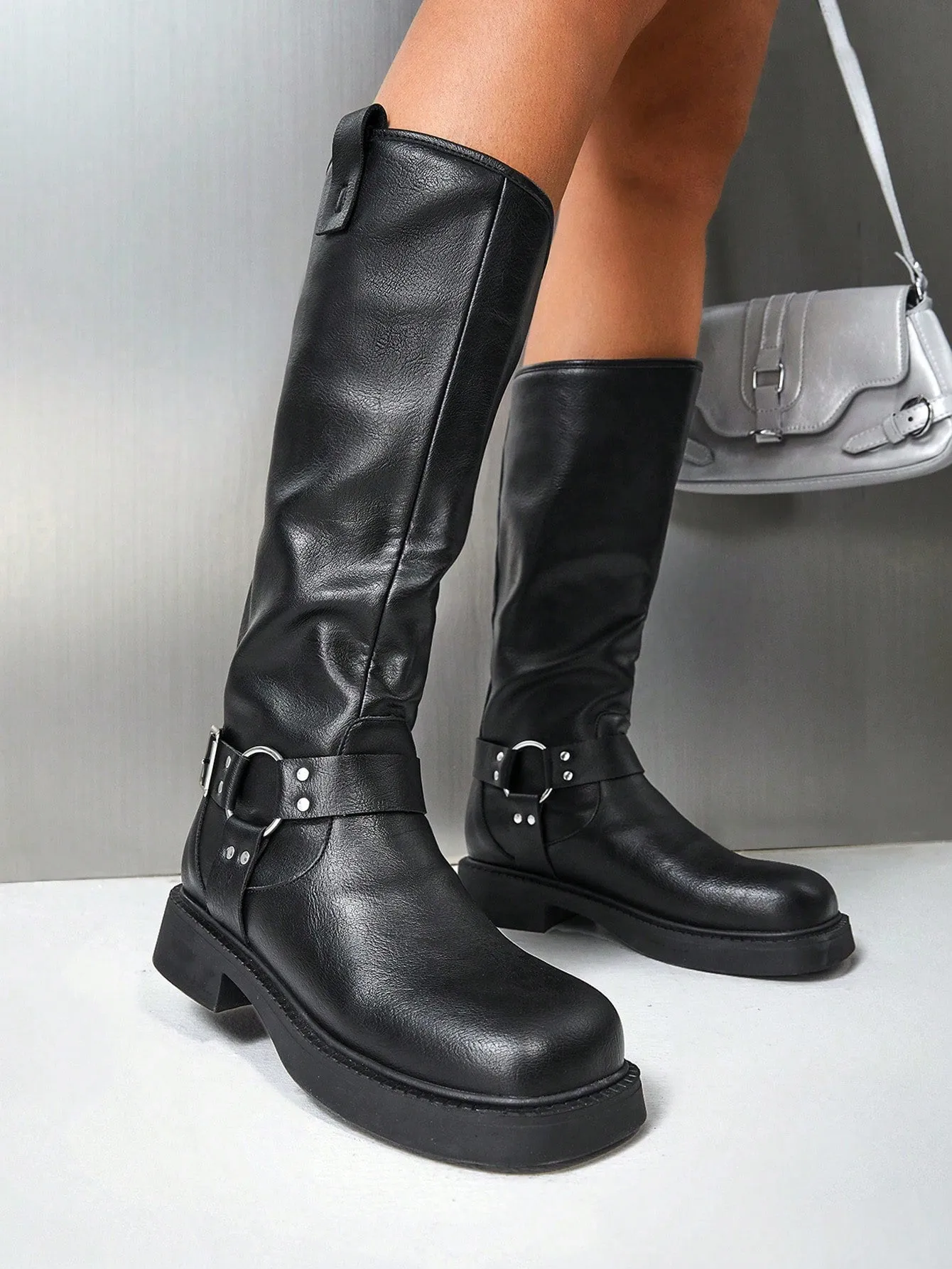 CUCCOO BIZCHIC Women's Buckle Decorated Round Toe Fashion PU Leather Black Combat Boots For Outdoor Wear For Summer Vacation Shoes Summer Sale