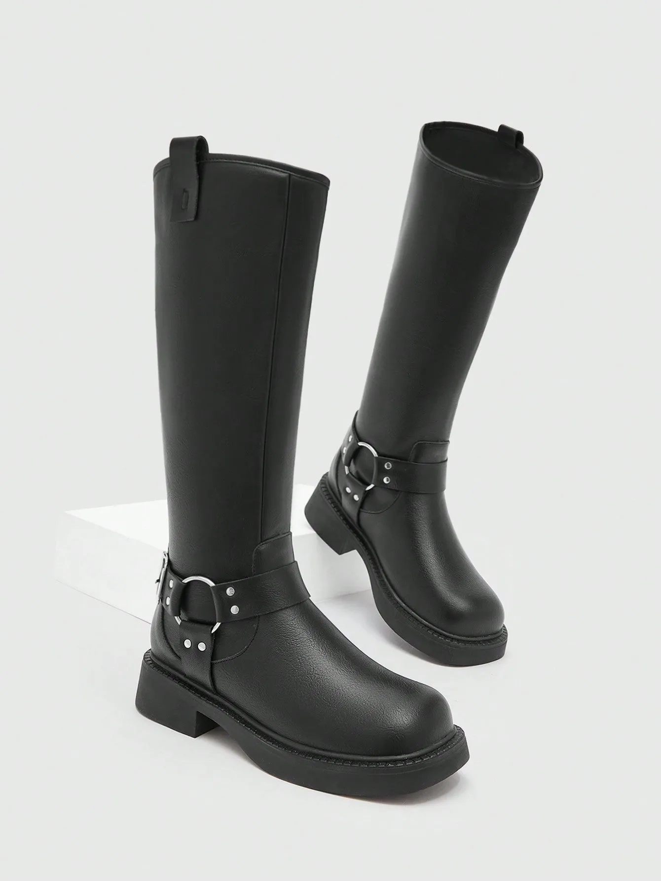 CUCCOO BIZCHIC Women's Buckle Decorated Round Toe Fashion PU Leather Black Combat Boots For Outdoor Wear For Summer Vacation Shoes Summer Sale