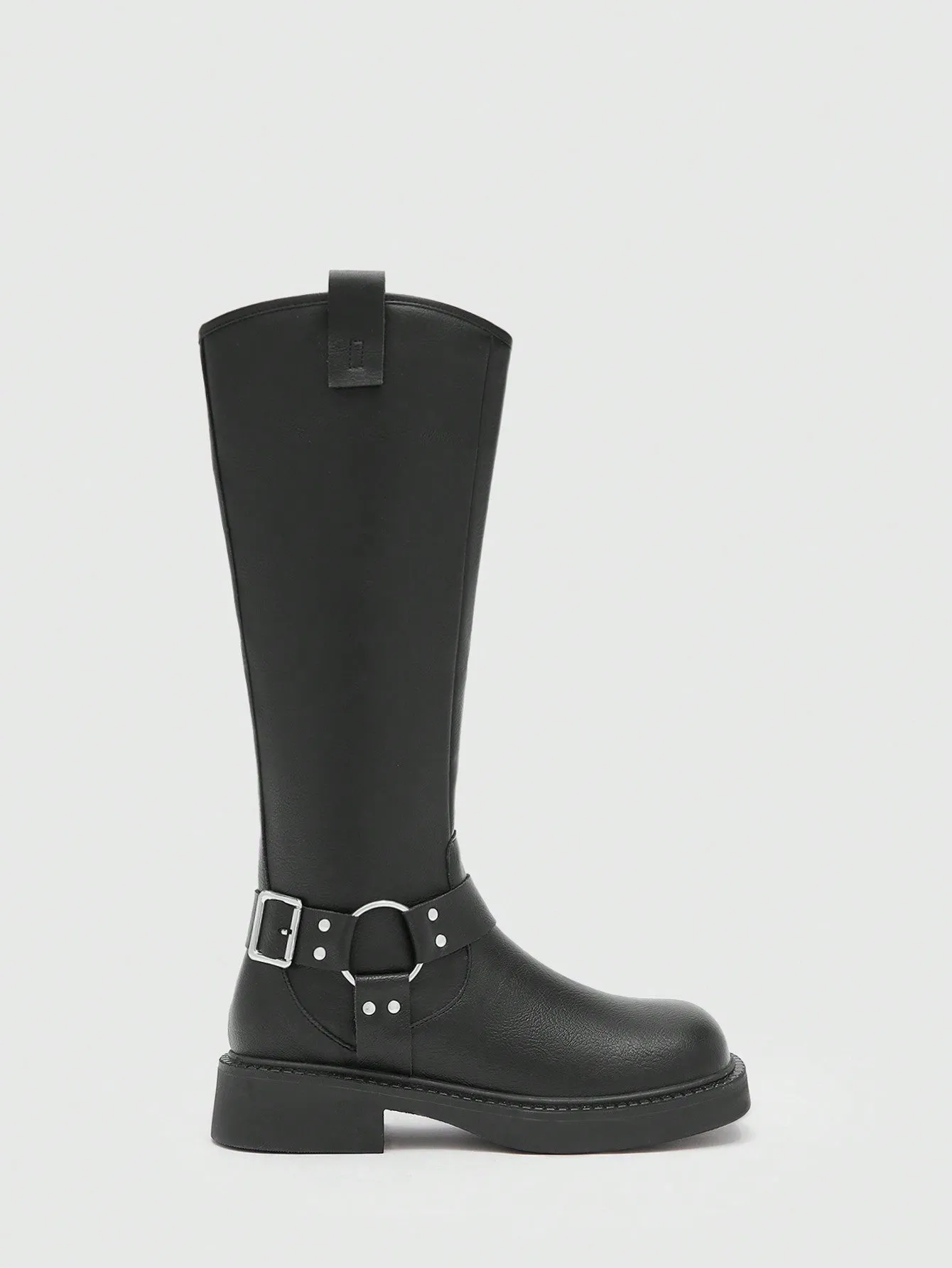 CUCCOO BIZCHIC Women's Buckle Decorated Round Toe Fashion PU Leather Black Combat Boots For Outdoor Wear For Summer Vacation Shoes Summer Sale