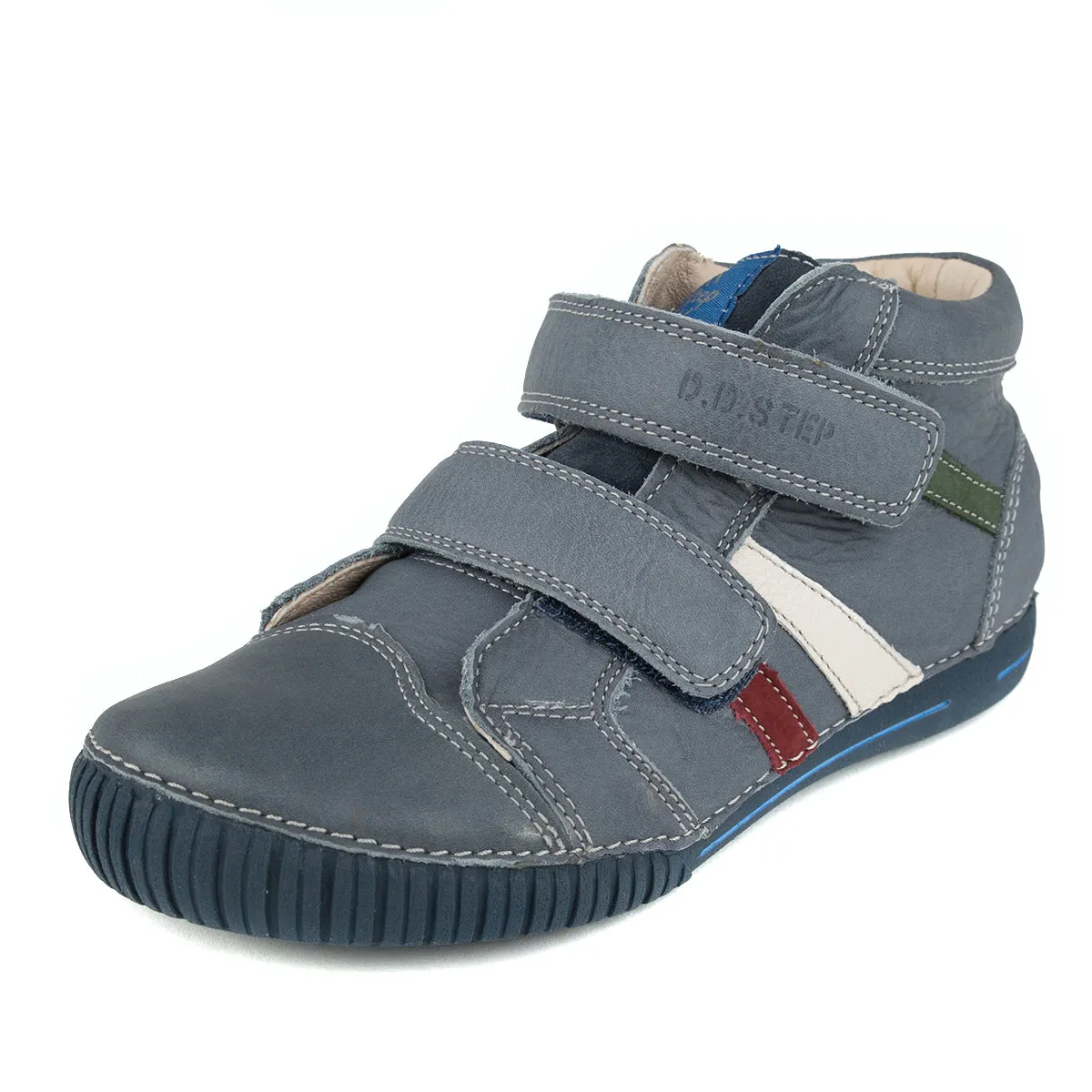 D.D. Step big kid boy high-top shoes grey with red, white, green stripe size US 13-4