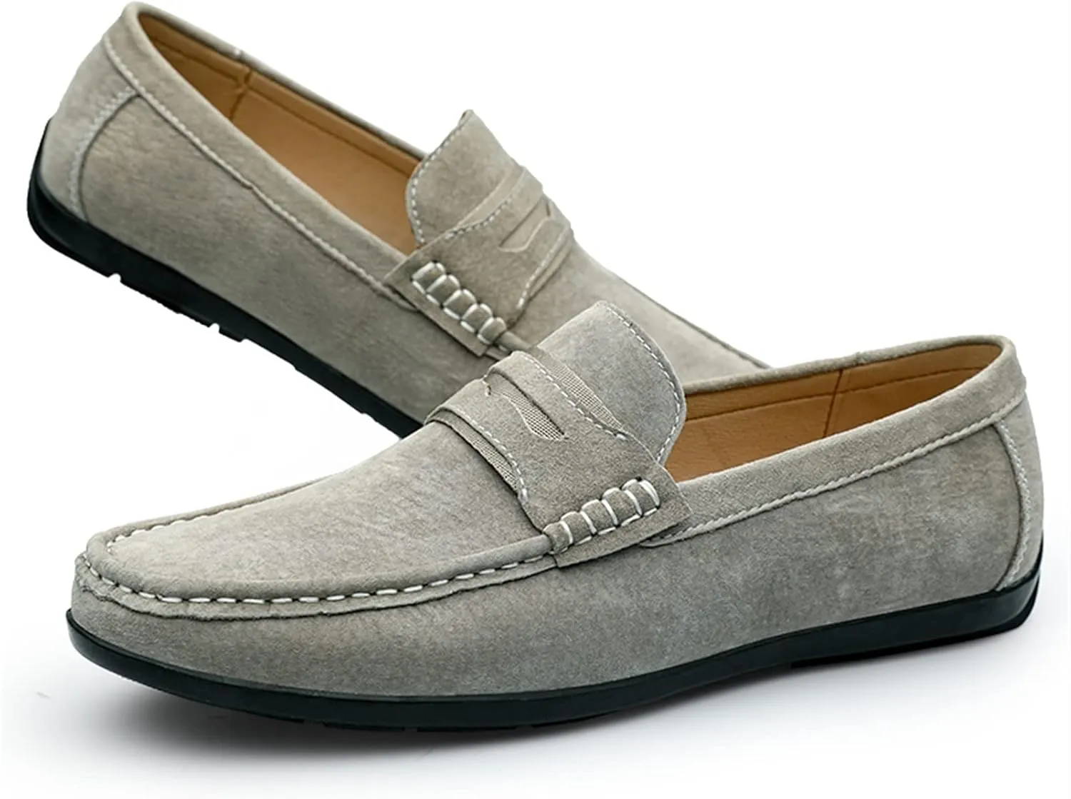 Easy to Put and Remove. Driving Moccasins for Men Genuine Leather Penny Loafer Suede Vamp Stitching Details Round Toe Lightweight Flat Heel Flexible Walking Slip on for All Occasions