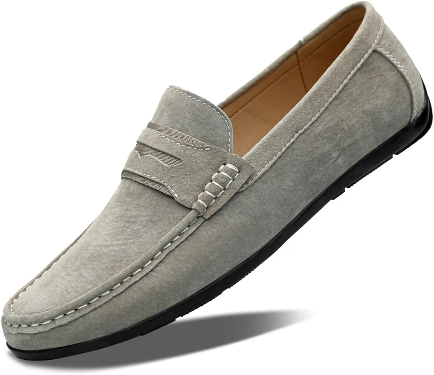 Easy to Put and Remove. Driving Moccasins for Men Genuine Leather Penny Loafer Suede Vamp Stitching Details Round Toe Lightweight Flat Heel Flexible Walking Slip on for All Occasions