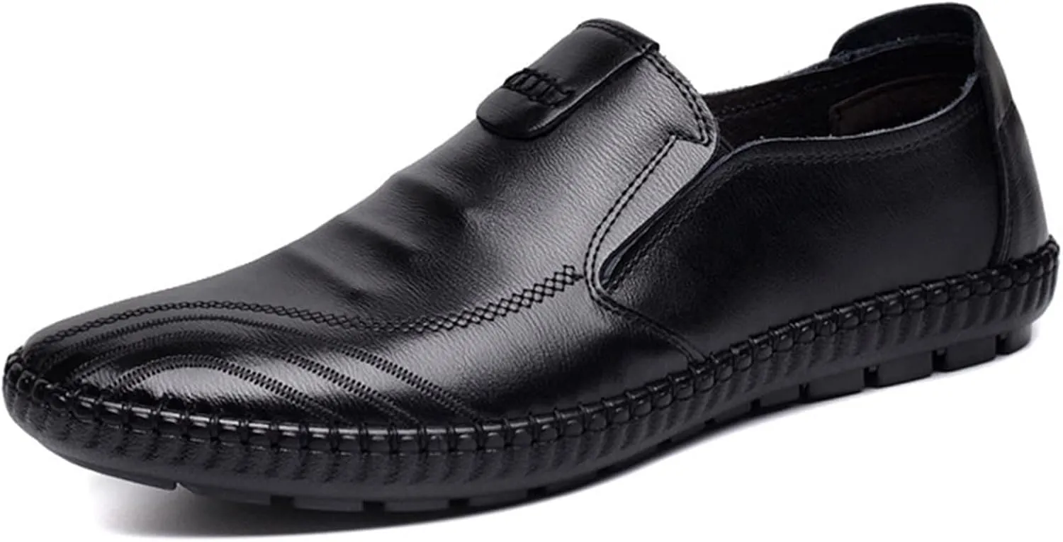Easy to Put and Remove Shoes Smoking Loafer for Men Genuine Leather Stitching Details Round Toe Breathable Lightweight Flat Heel Resistant Anti-Slip Flexible Driving for All Occasions (Color : Black