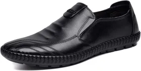 Easy to Put and Remove Shoes Smoking Loafer for Men Genuine Leather Stitching Details Round Toe Breathable Lightweight Flat Heel Resistant Anti-Slip Flexible Driving for All Occasions (Color : Black