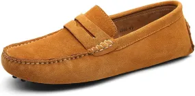 Easy to Put and Remove Smoking Loafer Driving Moccasins for Men Genuine Leather Suede Vamp Penny Loafer Stitching Details Round Toe Soft Flat Heel Flexible Comfortable for All Occasions Light Brown