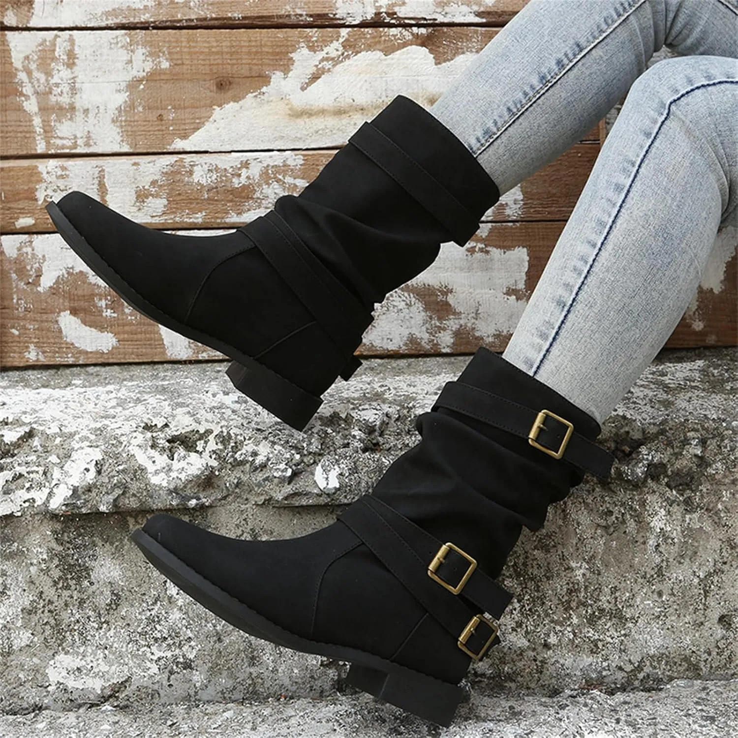 Ladmiple Boots For Women Ankle Booties Low Heel Mid Calf Riding Winter Boots Side Zipper Combat Military Biker Boots