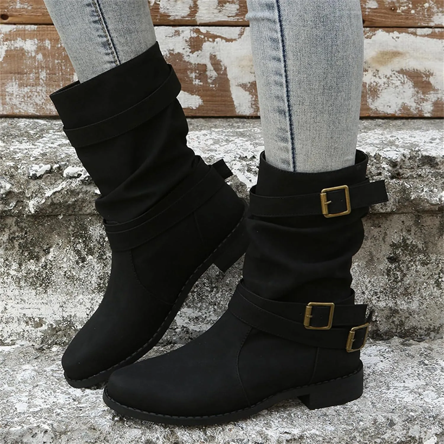 Ladmiple Boots For Women Ankle Booties Low Heel Mid Calf Riding Winter Boots Side Zipper Combat Military Biker Boots