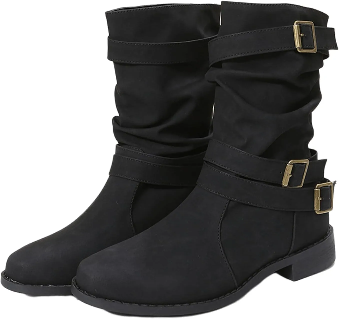 Ladmiple Boots For Women Ankle Booties Low Heel Mid Calf Riding Winter Boots Side Zipper Combat Military Biker Boots