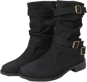 Ladmiple Boots For Women Ankle Booties Low Heel Mid Calf Riding Winter Boots Side Zipper Combat Military Biker Boots