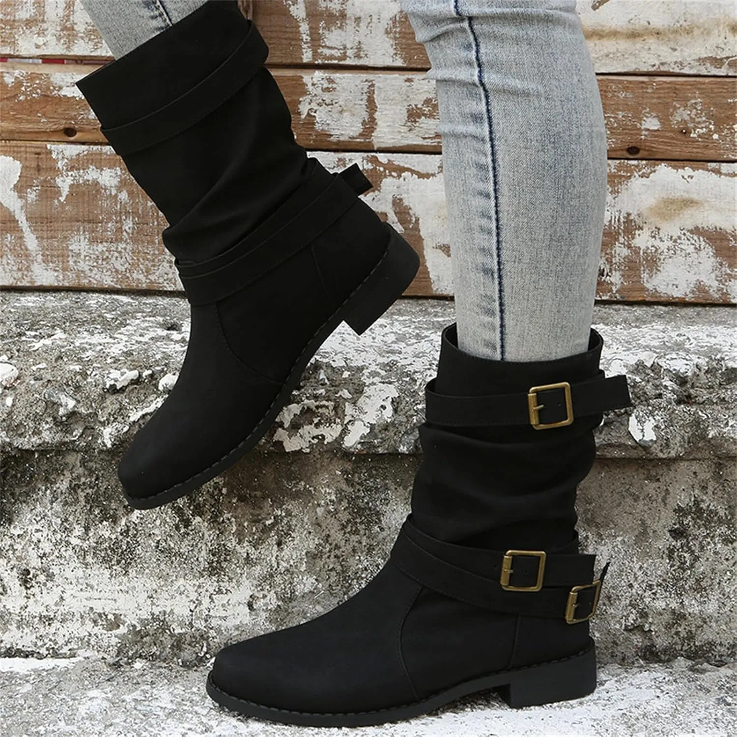 Ladmiple Boots For Women Ankle Booties Low Heel Mid Calf Riding Winter Boots Side Zipper Combat Military Biker Boots