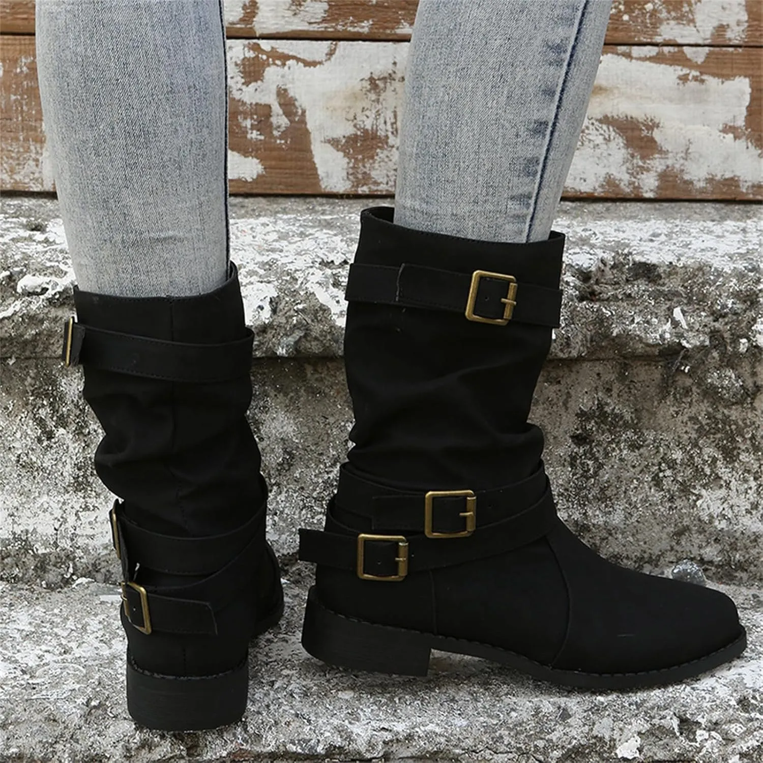 Ladmiple Boots For Women Ankle Booties Low Heel Mid Calf Riding Winter Boots Side Zipper Combat Military Biker Boots