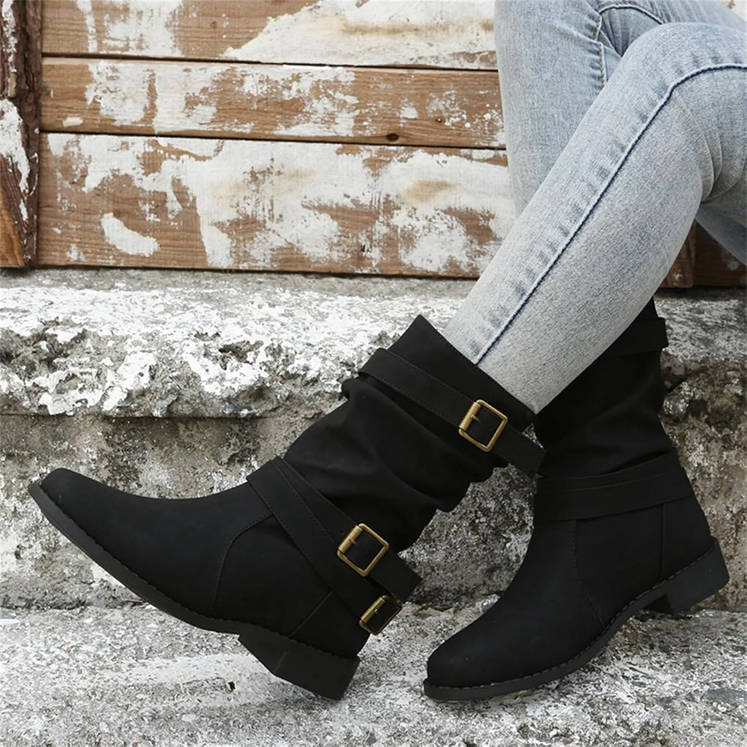 Ladmiple Boots For Women Ankle Booties Low Heel Mid Calf Riding Winter Boots Side Zipper Combat Military Biker Boots