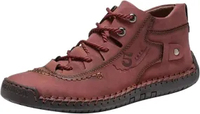 Mens Leather Shoe Slippers Fashion Summer and Autumn Men Leather Shoes Flat Soft Bottom Comfortable Mid Top Lace Up Casual Leather Tennis Shoes (Red, 10.5)