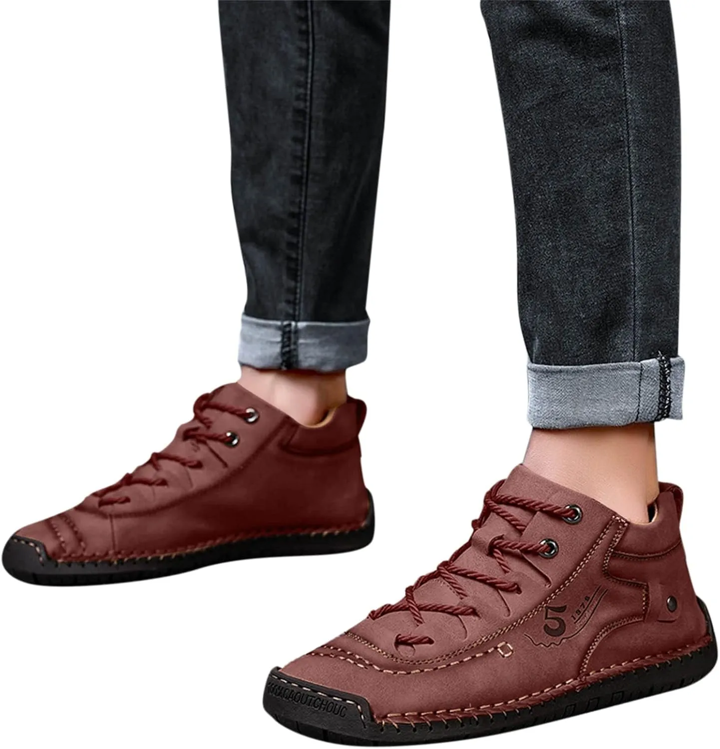Mens Leather Shoe Slippers Fashion Summer and Autumn Men Leather Shoes Flat Soft Bottom Comfortable Mid Top Lace Up Casual Leather Tennis Shoes (Red, 10.5)