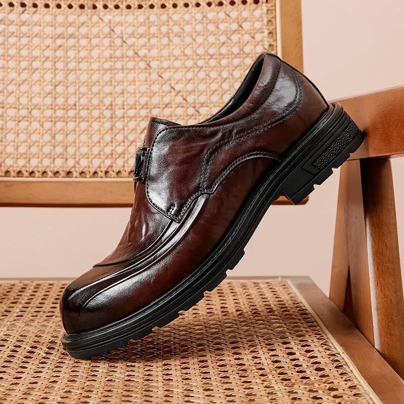 Men's Patent Leather Slip on Platform Loafers Luxury Round Toe Low Block Lug Sole Business Office Dress Shoes Non-Slip Dating Party Casual Shoes