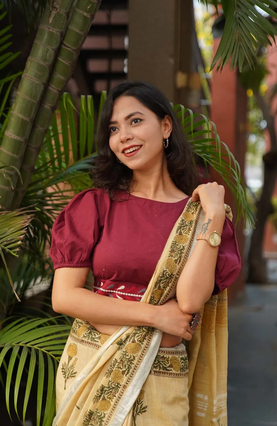 Ready To Wear Beige Soft Linen Cotton With Floral Printed& Tassels on Pallu  Wrap in 1 minute saree
