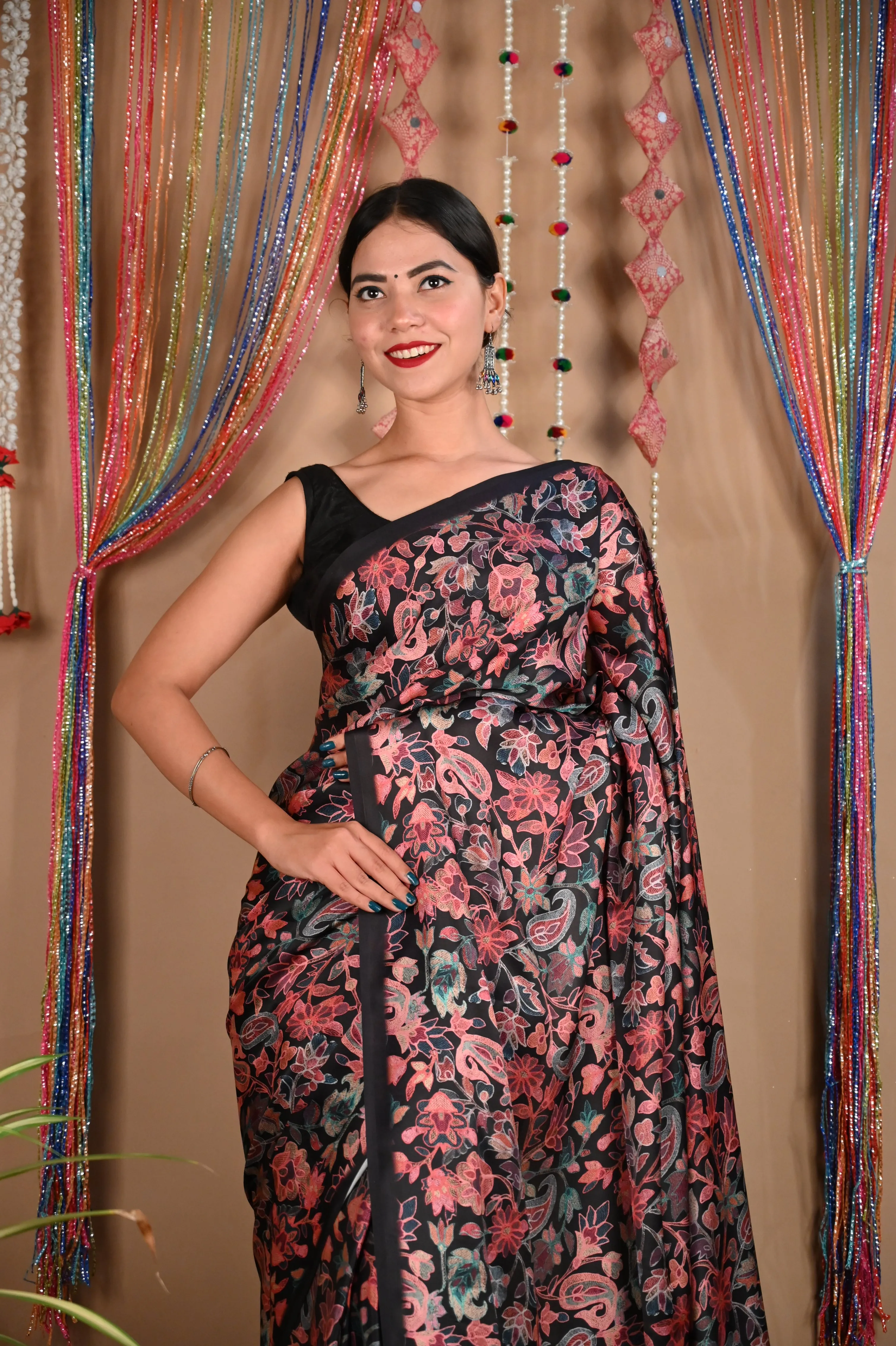 Ready To Wear Black & Pink Floral Printed Satin Wrap In One Minute Saree