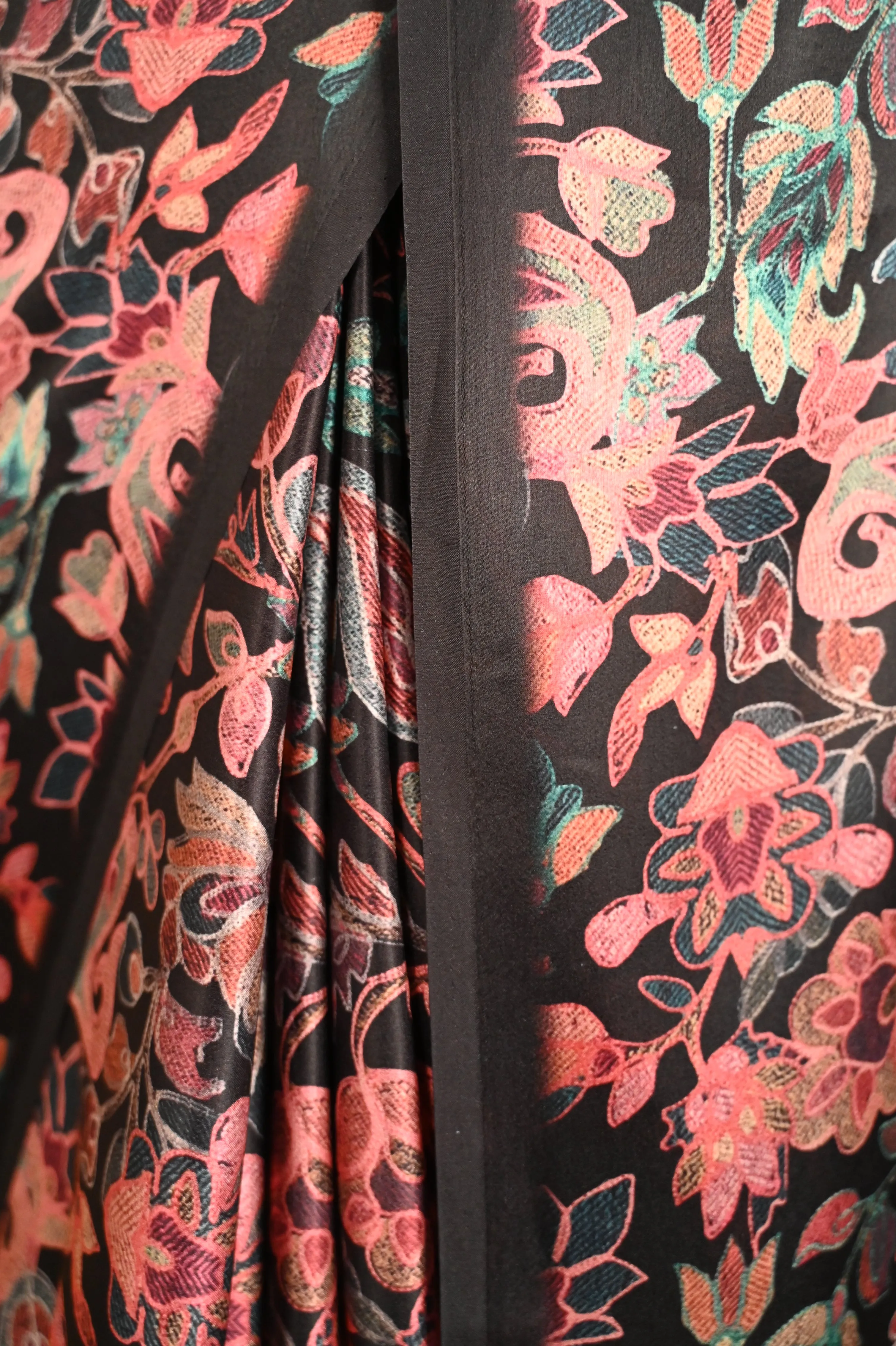 Ready To Wear Black & Pink Floral Printed Satin Wrap In One Minute Saree