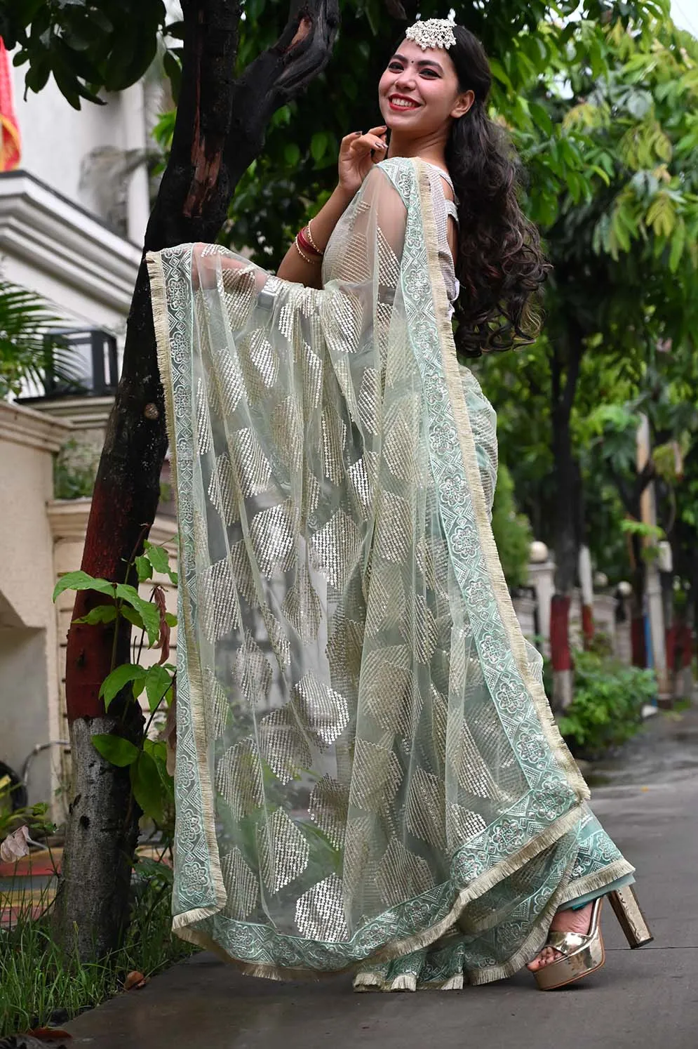 Ready To Wear Green Net & Golden Geometric  Sequin Embellished  Wrap in 1 minute saree