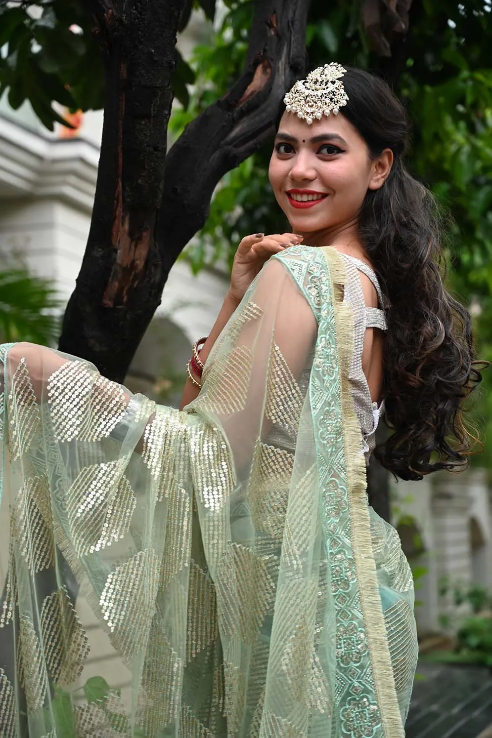 Ready To Wear Green Net & Golden Geometric  Sequin Embellished  Wrap in 1 minute saree