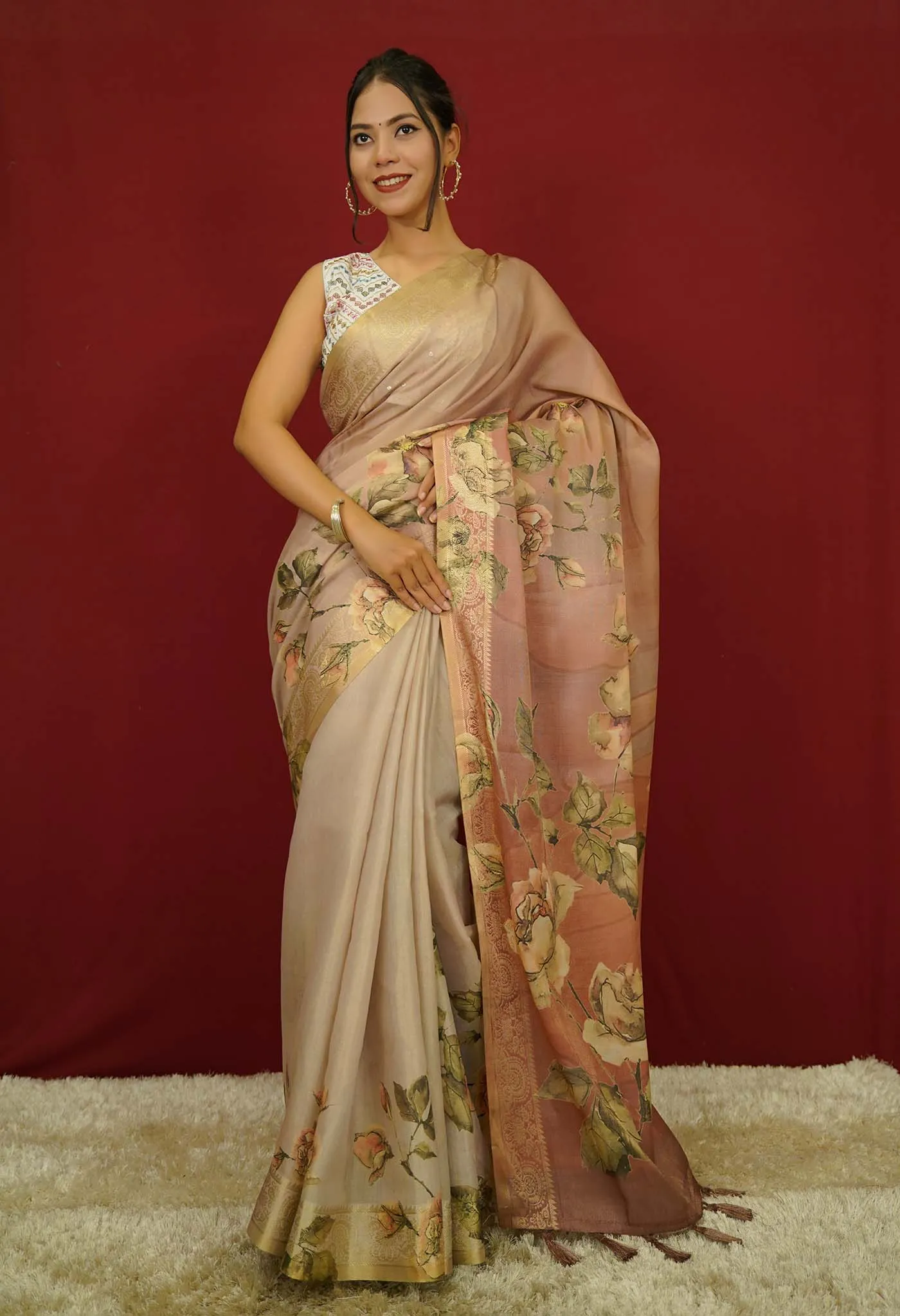 Sophisticated cotton silk With  floral printed And golden Zari border Wrap in 1 minute Saree