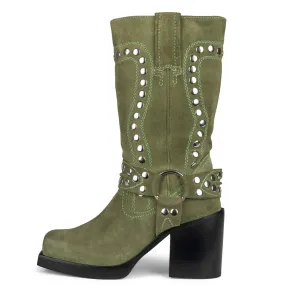 Womens VCSHOES Square Toe Wedge Knee-High Suede Boots with Buckle Strap and Rivet Detail