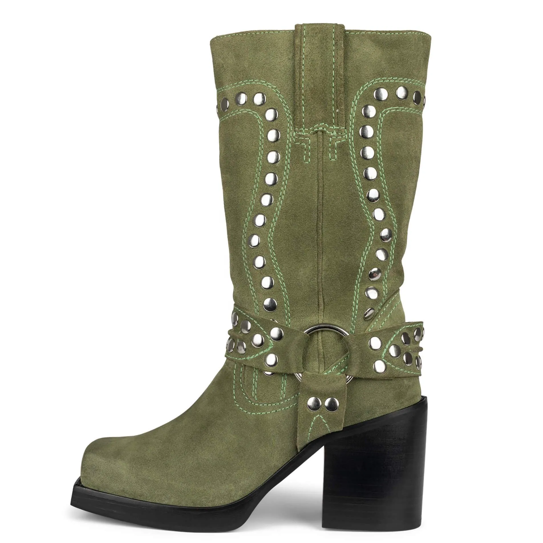 Womens VCSHOES Square Toe Wedge Knee-High Suede Boots with Buckle Strap and Rivet Detail