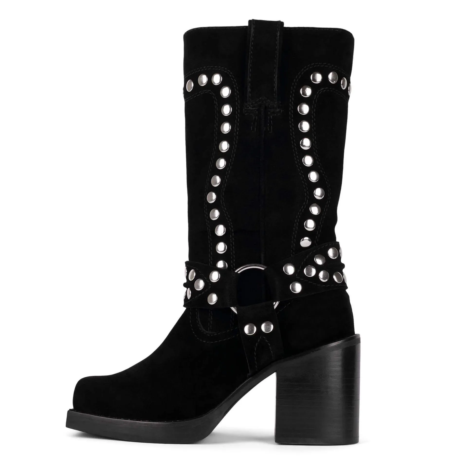 Womens VCSHOES Square Toe Wedge Knee-High Suede Boots with Buckle Strap and Rivet Detail