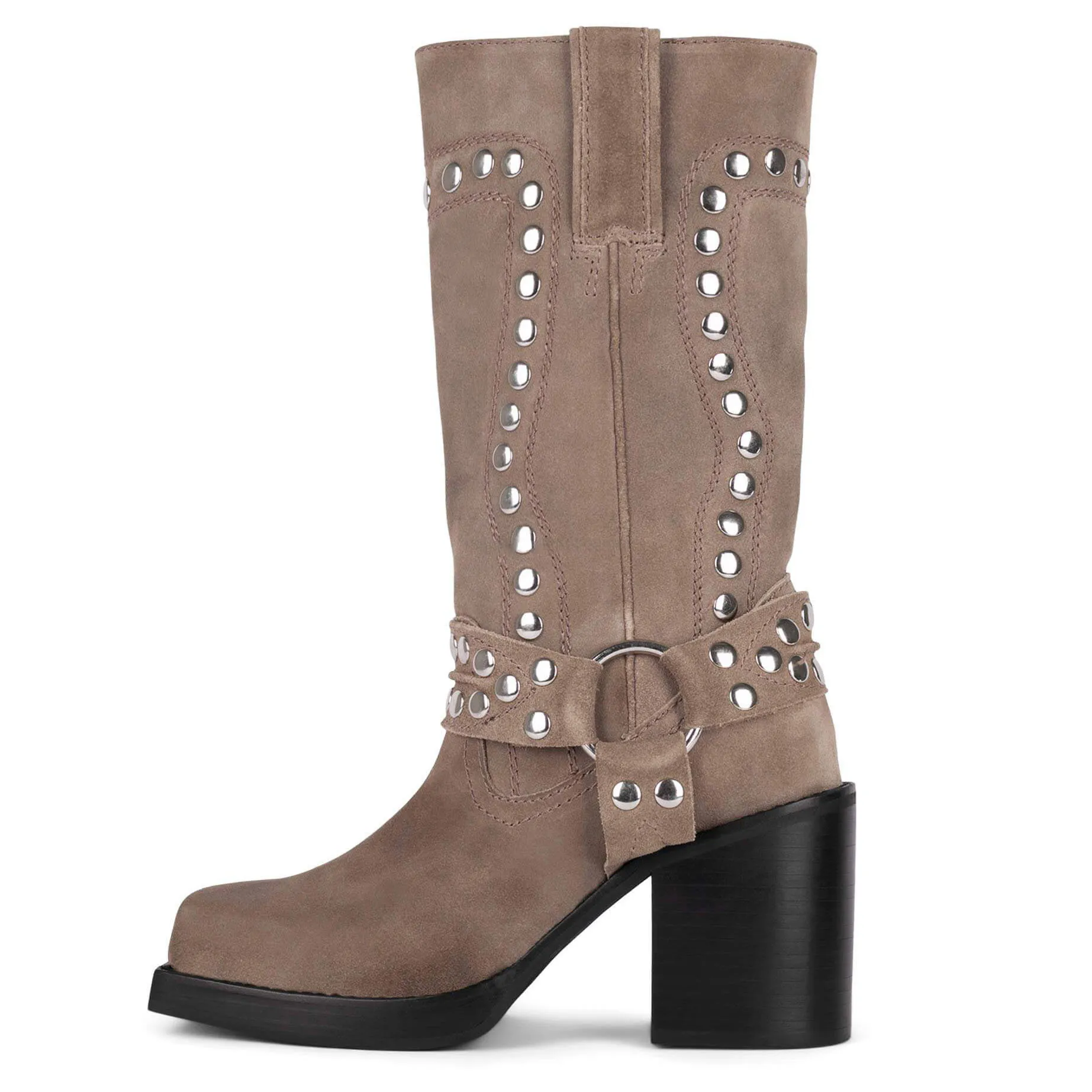 Womens VCSHOES Square Toe Wedge Knee-High Suede Boots with Buckle Strap and Rivet Detail