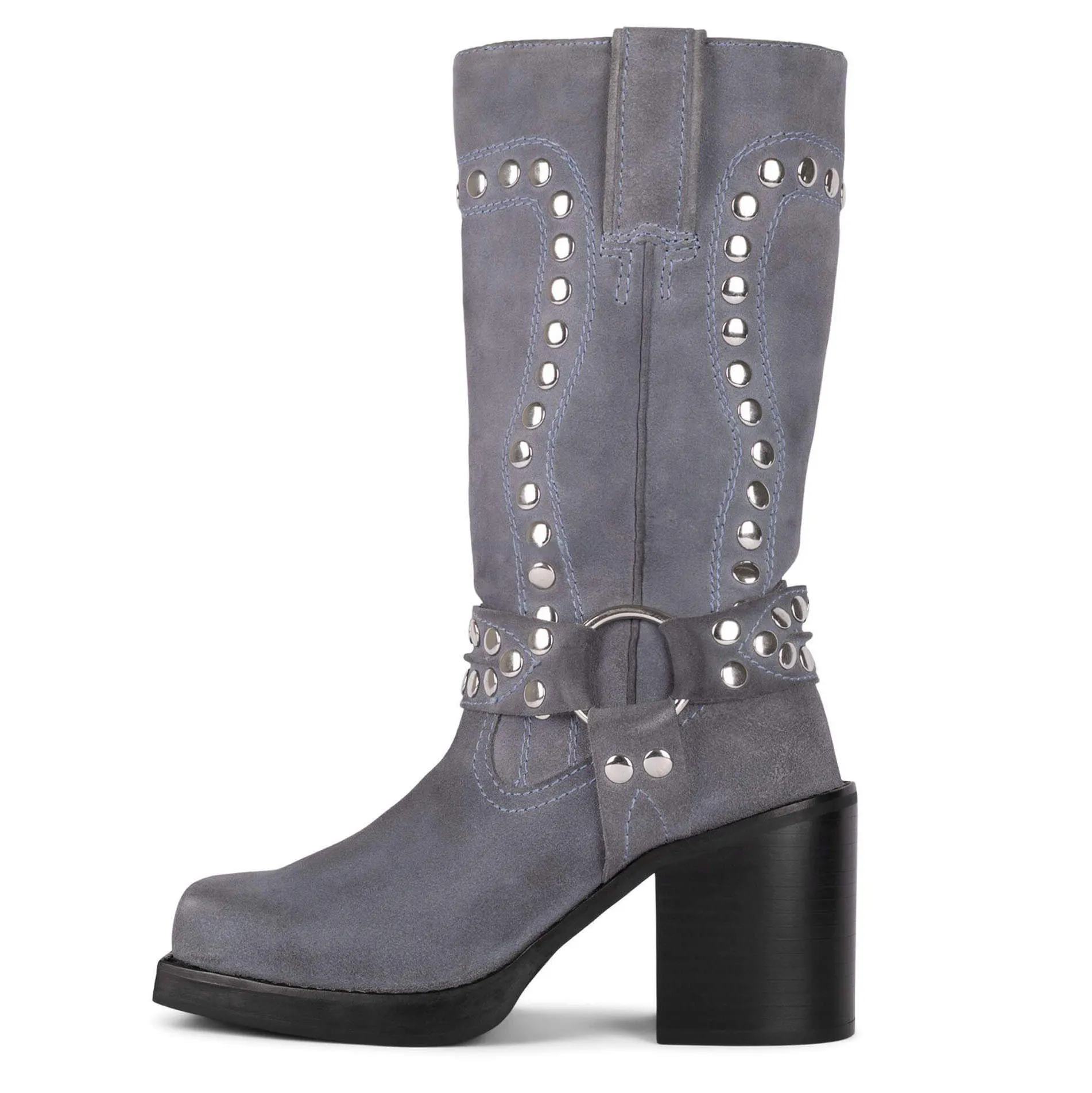 Womens VCSHOES Square Toe Wedge Knee-High Suede Boots with Buckle Strap and Rivet Detail