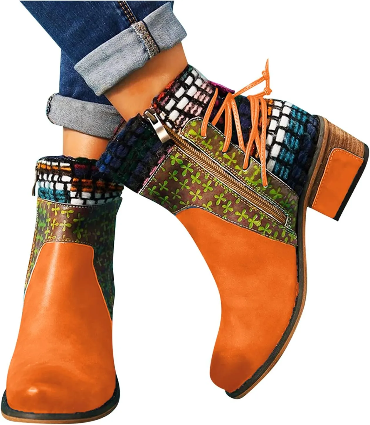 Vintage Ankle Boots for Women Leather Round Toe Back Lace Up Booties Side Zipper Chunky Block Low Heels Boots