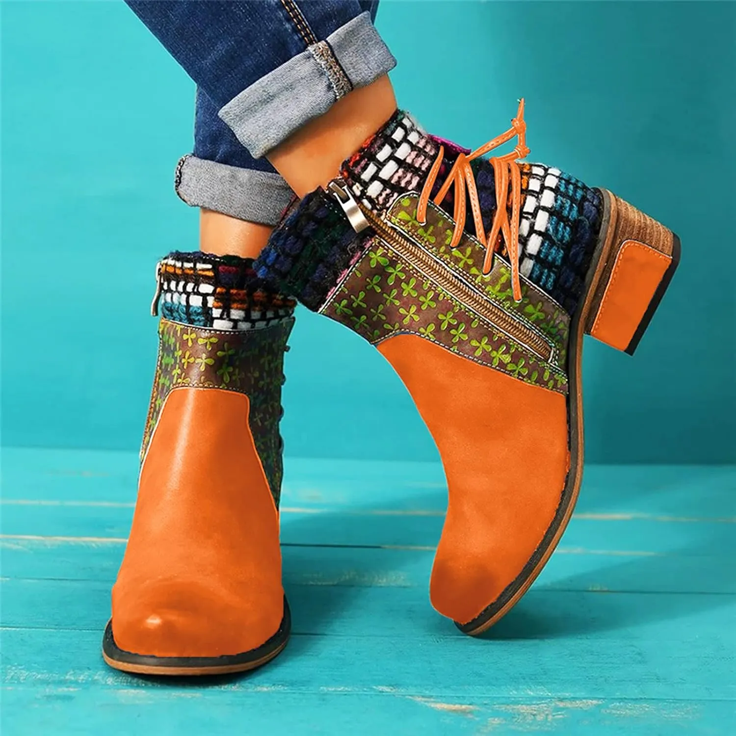 Vintage Ankle Boots for Women Leather Round Toe Back Lace Up Booties Side Zipper Chunky Block Low Heels Boots