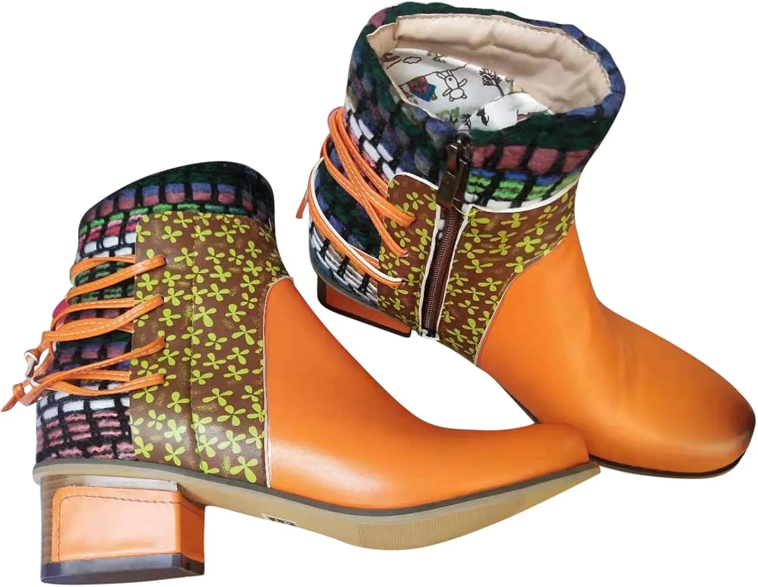 Vintage Ankle Boots for Women Leather Round Toe Back Lace Up Booties Side Zipper Chunky Block Low Heels Boots