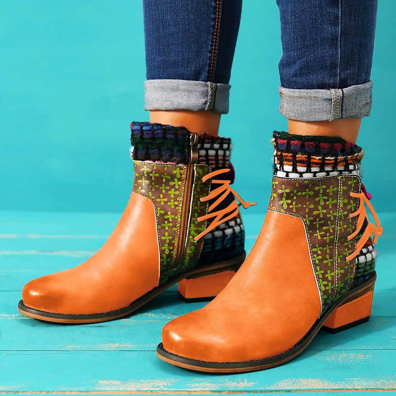 Vintage Ankle Boots for Women Leather Round Toe Back Lace Up Booties Side Zipper Chunky Block Low Heels Boots