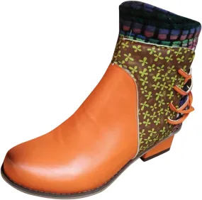 Vintage Ankle Boots for Women Leather Round Toe Back Lace Up Booties Side Zipper Chunky Block Low Heels Boots